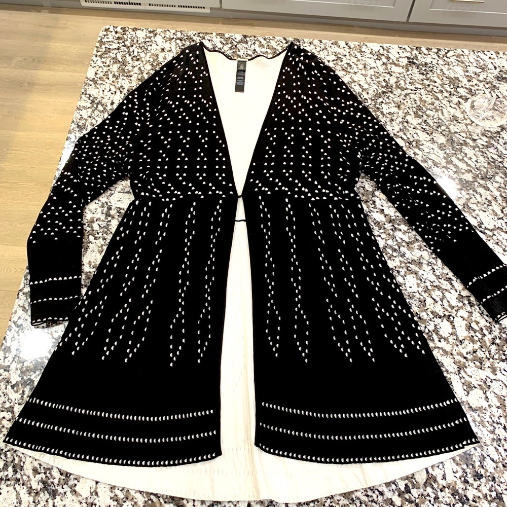 Long black and white duster sweater. Chico’s Black Label, size 2
